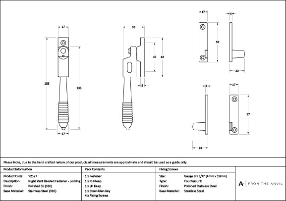 Polished Marine SS (316) Night-Vent Locking Reeded Fastener