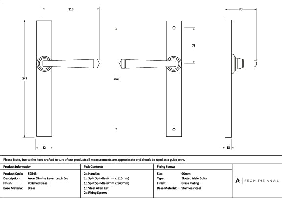 Polished Brass Avon Slimline Lever Espag. Latch Set