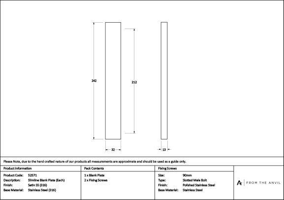 Satin Marine SS (316) Slimline External Blank Plate (Each)