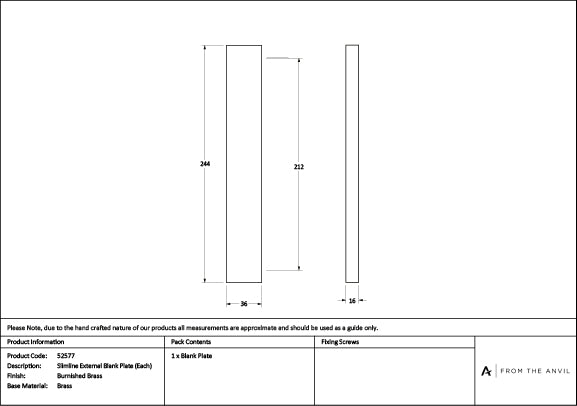 Burnished Brass Slimline External Blank Plate (Each)