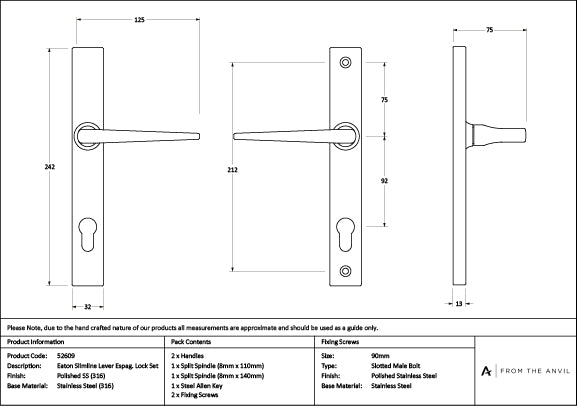 Polished Marine SS (316) Eaton Slimline Lever Espag. Lock Set