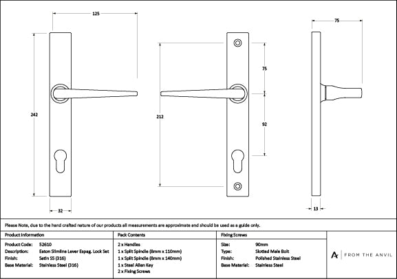 Satin Marine SS (316) Eaton Slimline Lever Espag. Lock Set