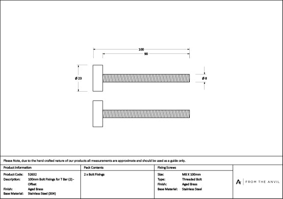 Aged Brass (304) 100mm Bolt Fixings for T Bar (2) - Offset