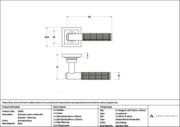 Burnished Brass Brompton Lever on Rose Set (Square) - Unsprung