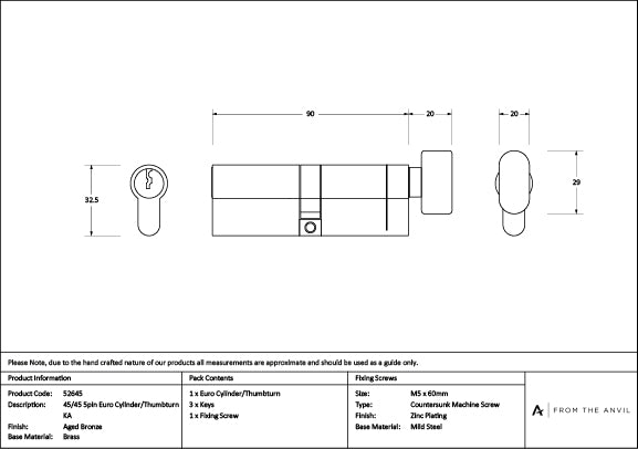 Aged Bronze 45/45 5pin Euro Cylinder/Thumbturn KA