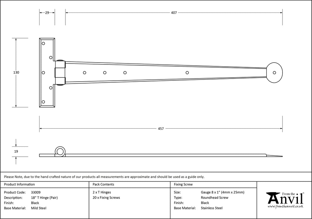 Black 18" Penny End T Hinge (pair)