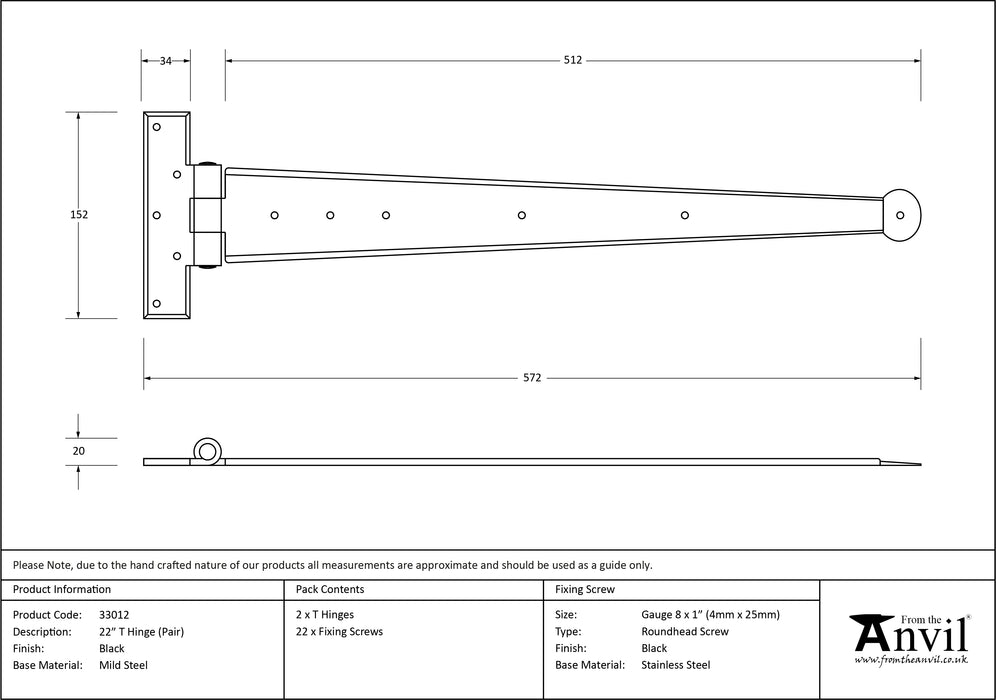 Black 22" Penny End T Hinge (pair)