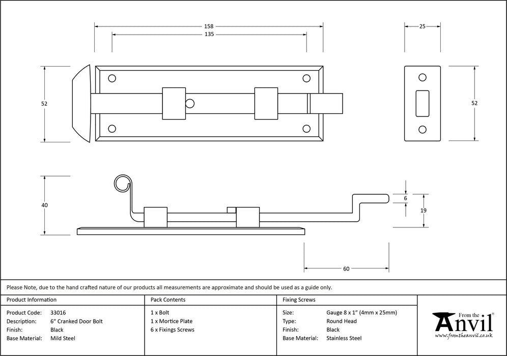 Black 6" Cranked Door Bolt