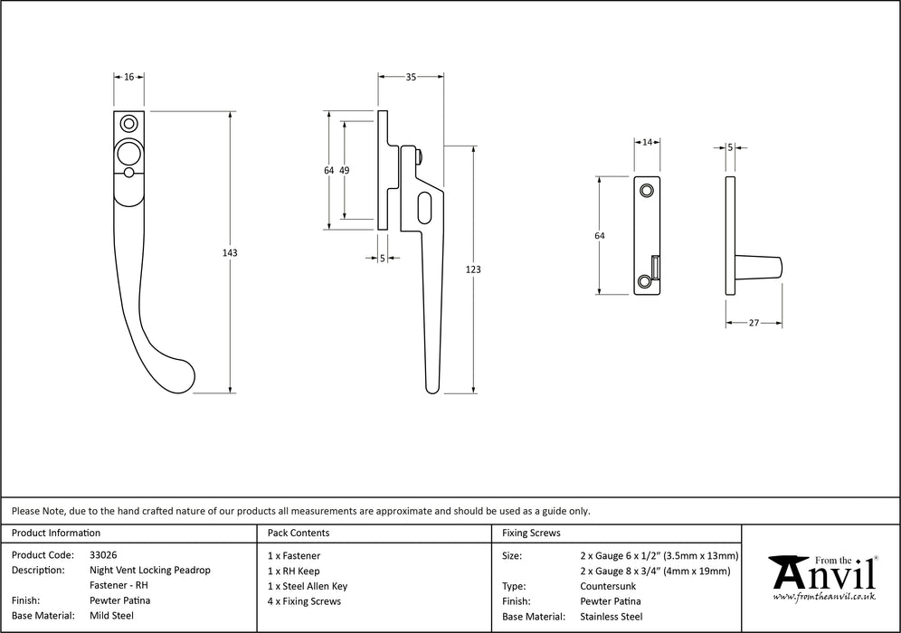 Pewter Night-Vent Locking Peardrop Fastener - RH