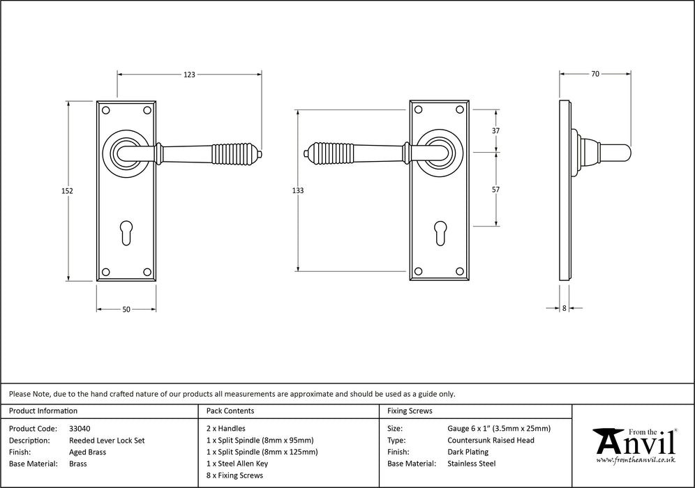 Aged Brass Reeded Lever Lock Set