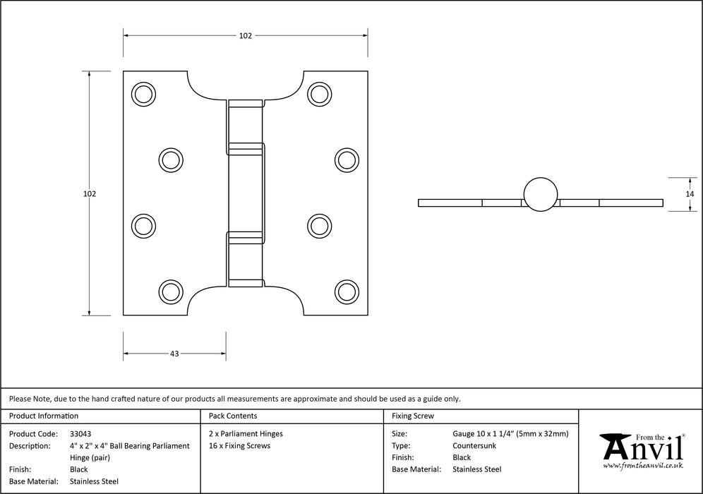 Black 4" x 2" x 4"  Parliament Hinge (pair) ss