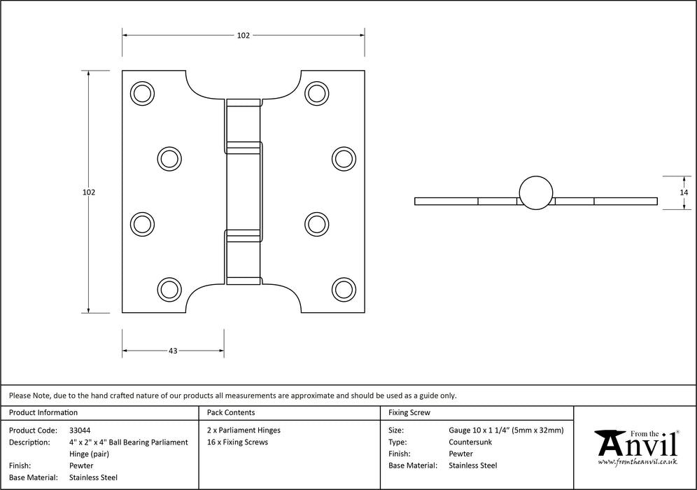 Pewter 4" x 2" x 4" Parliament Hinge (pair) ss