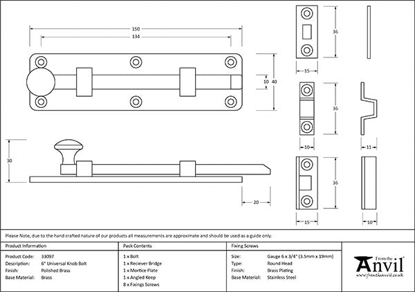 Polished Brass 6" Universal Bolt