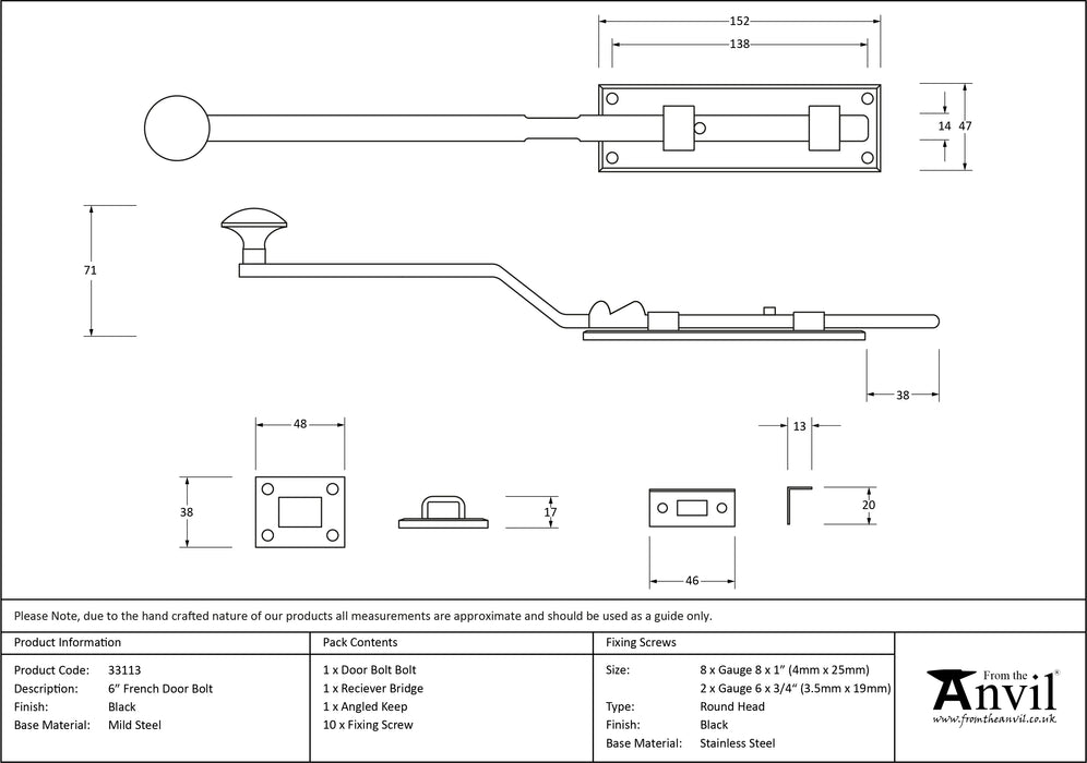 Black 6" French Door Bolt