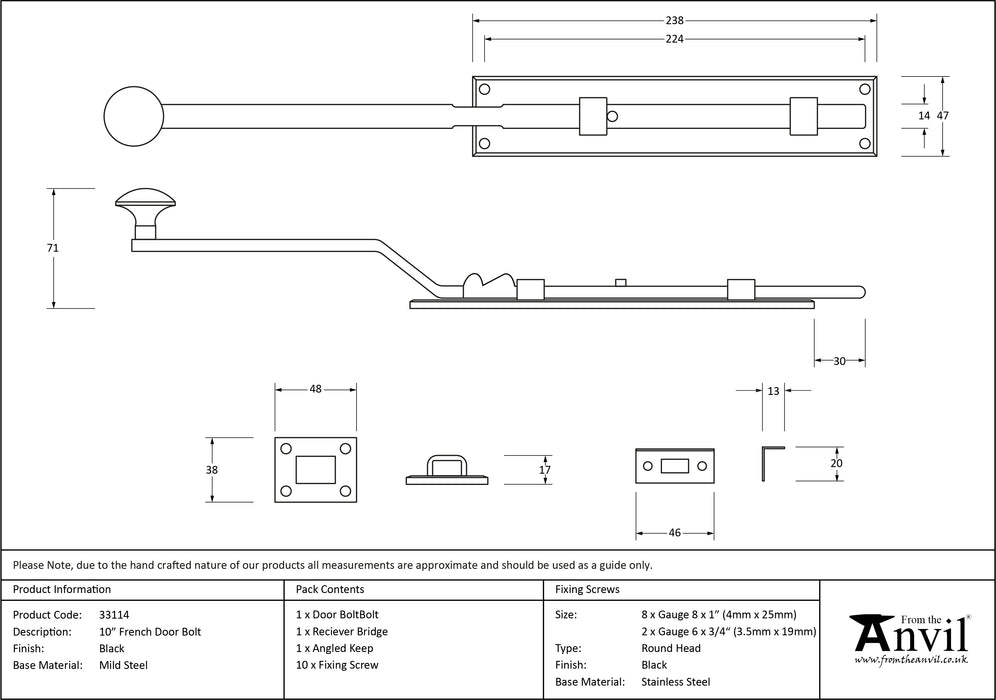 Black 10" French Door Bolt