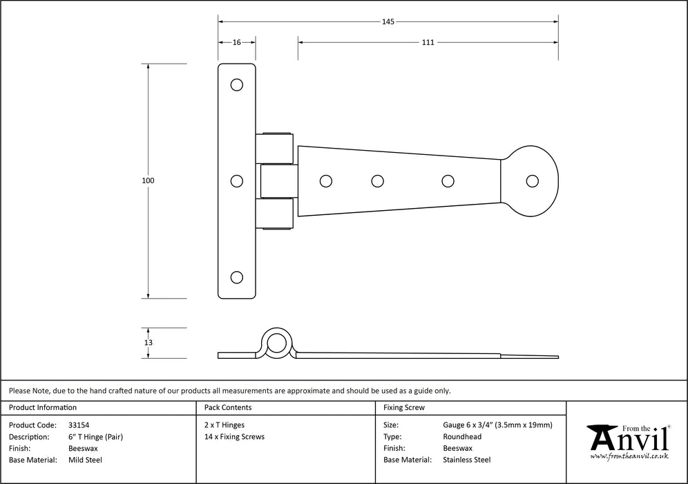 Beeswax 6" Penny End T Hinge (pair)