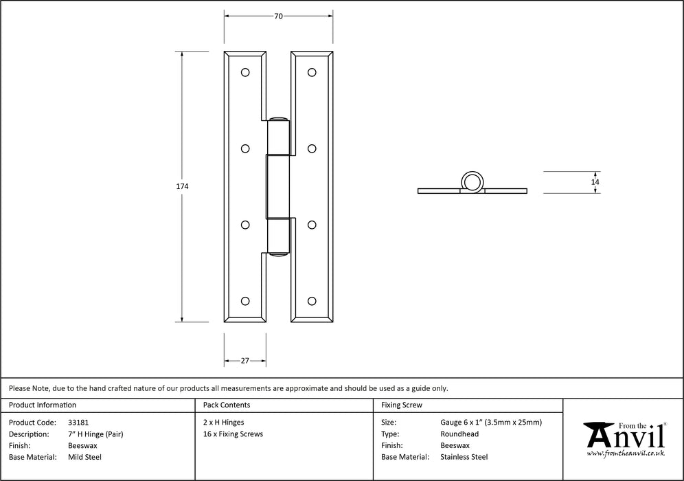 Beeswax 7" H Hinge (pair)