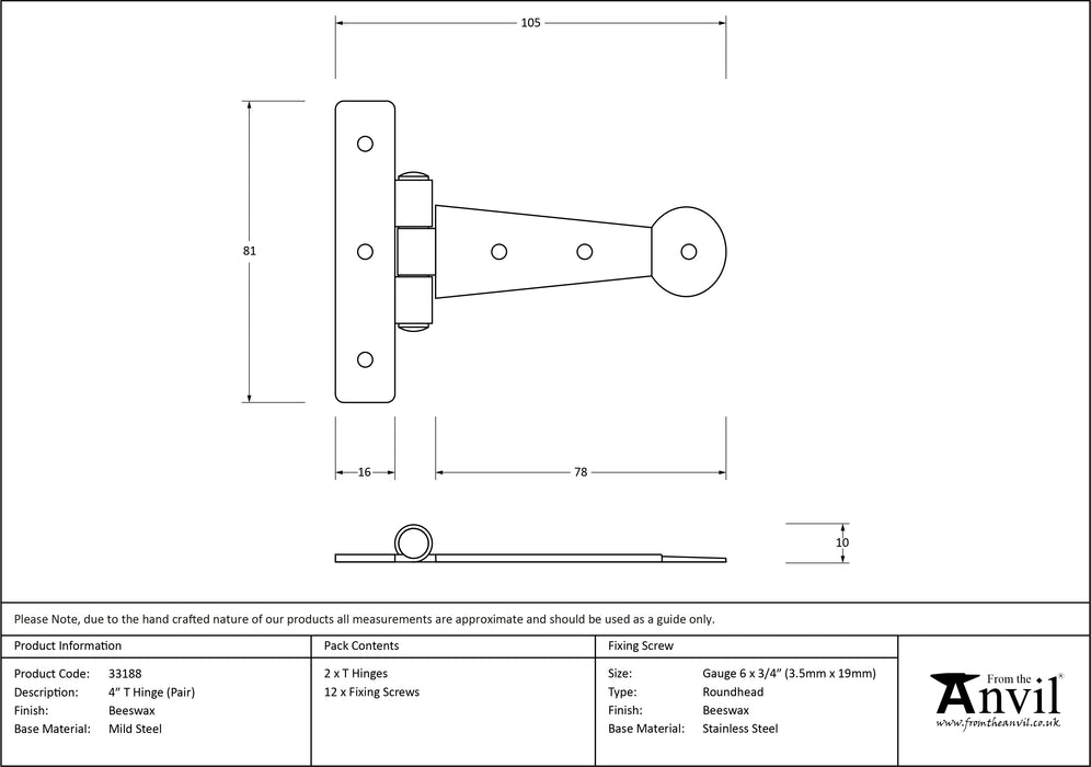 Beeswax 4" Penny End T Hinge (pair)