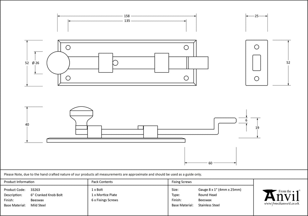 Beeswax 6" Cranked Knob Bolt