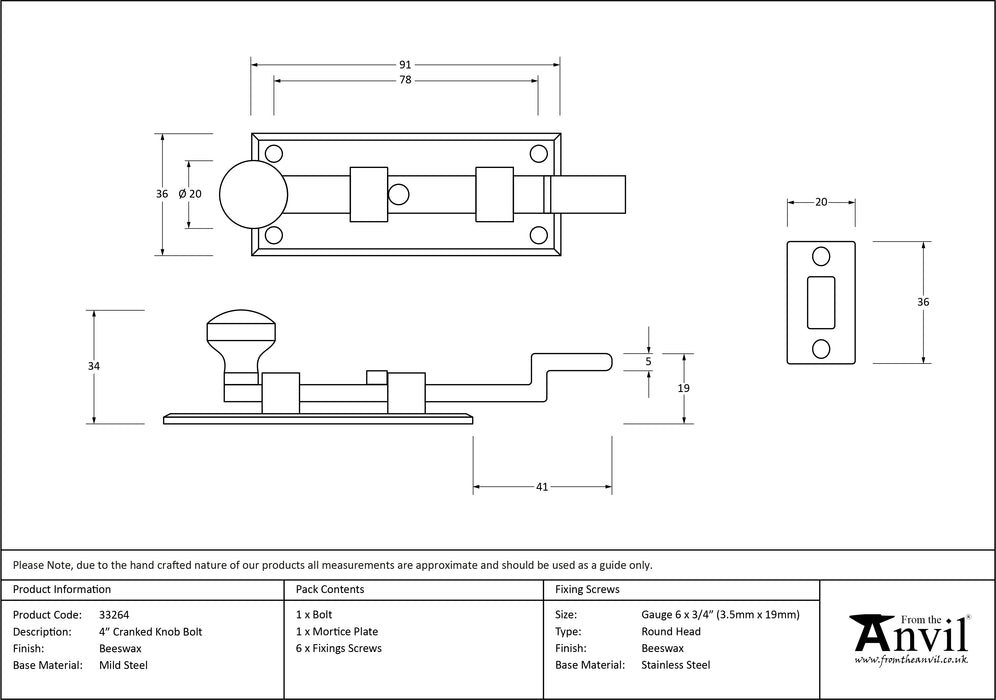 Beeswax 4" Cranked Knob Bolt