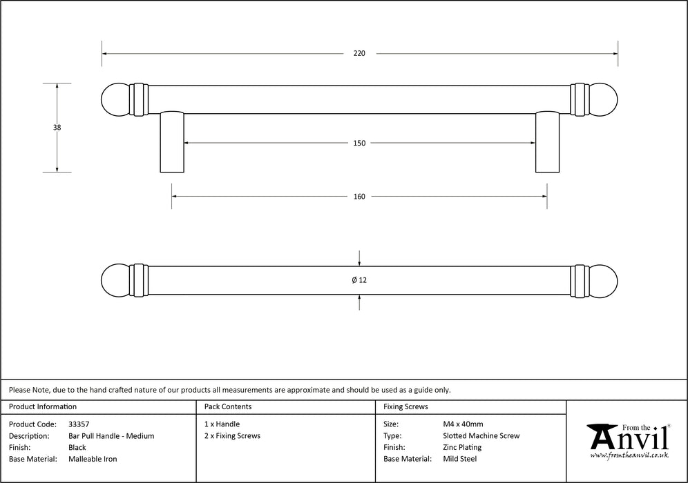 Black 220mm Bar Pull Handle