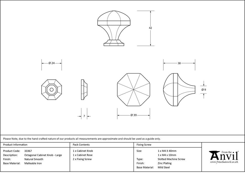 Natural Smooth Octagonal Cabinet Knob - Large