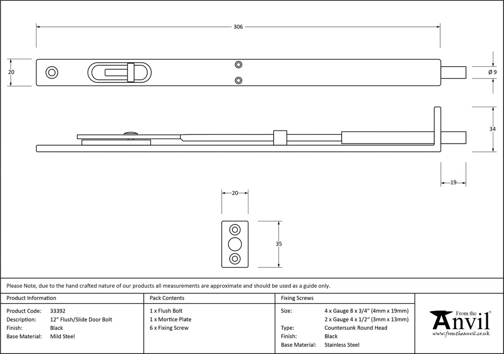 Black 12" Flush/Slide Door Bolt