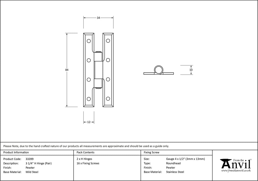 Pewter 3_" H Hinge (pair)