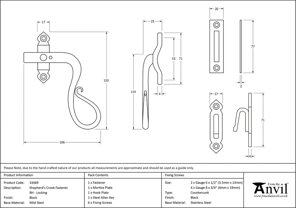 Black Locking Shepherd's Crook Fastener - RH