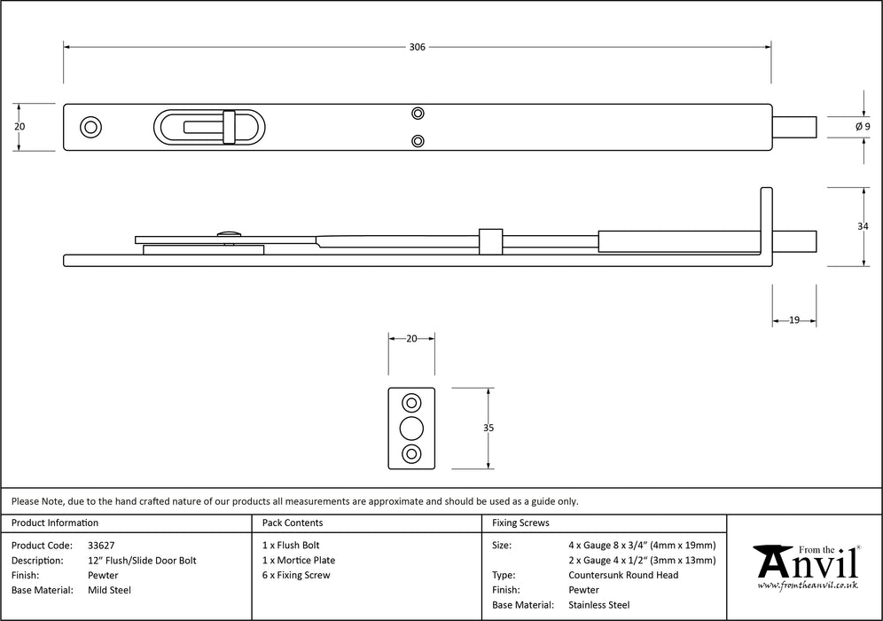 Pewter 12'' Flush/Slide Door Bolt