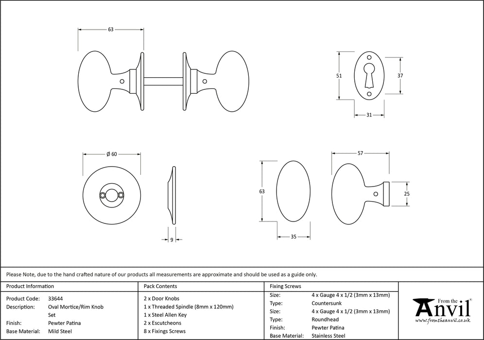 Pewter Oval Mortice/Rim Knob Set