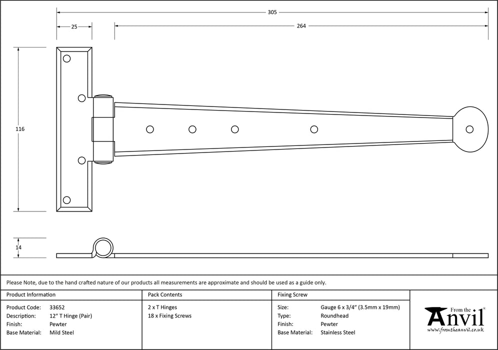 Pewter 12" Penny End T Hinge (pair)