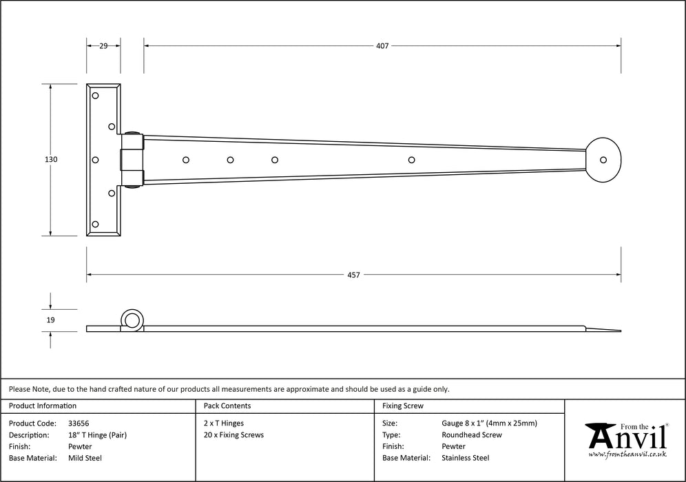 Pewter 18" Penny End T Hinge (pair)