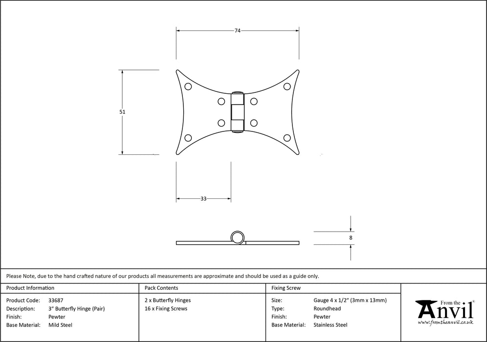 Pewter 3" Butterfly Hinge (pair)