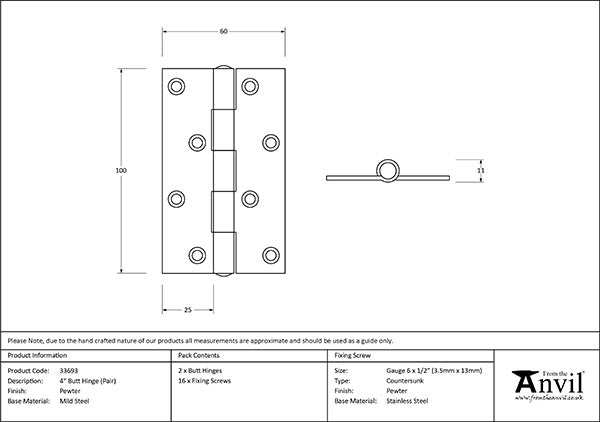 Pewter 4" Butt Hinge (pair)