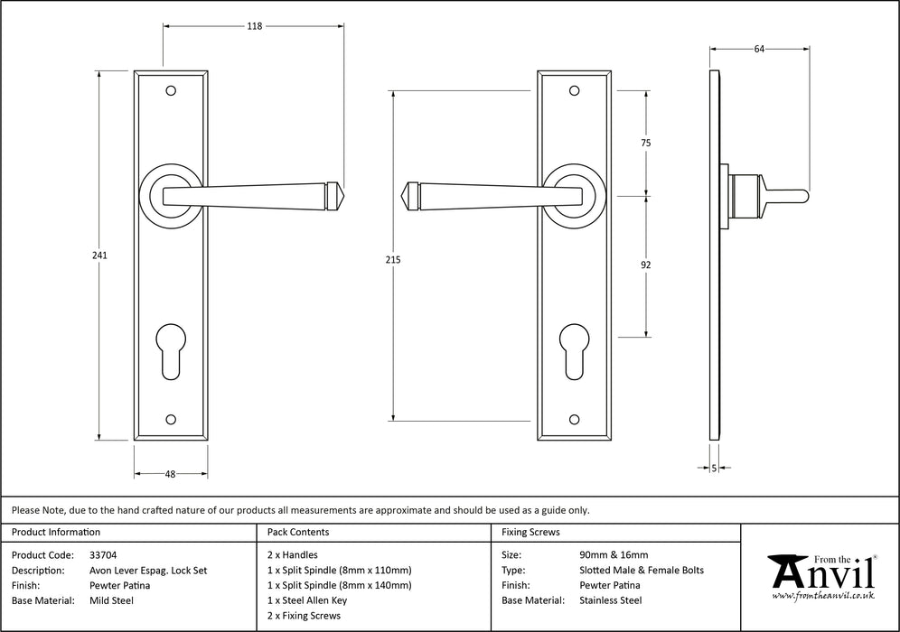 Pewter Avon Lever Espag. Lock Set