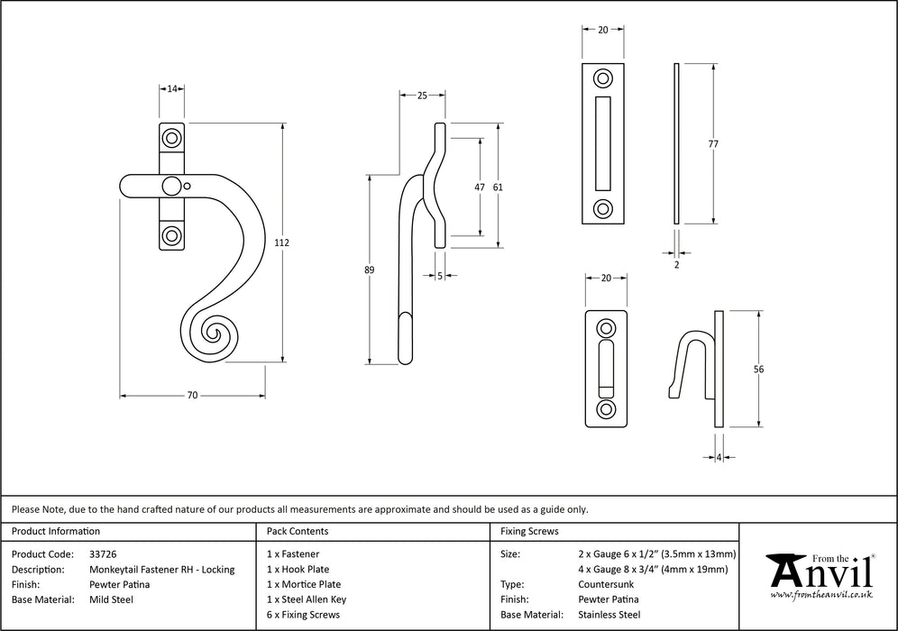 Pewter Locking Monkeytail Fastener - RH