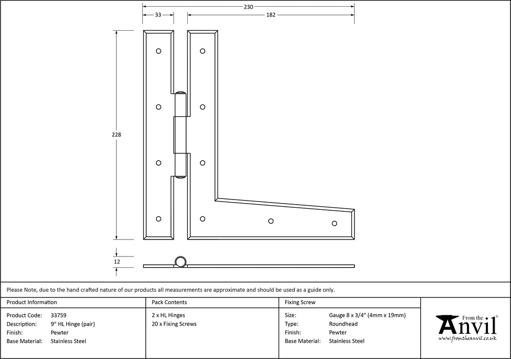 Pewter 9" HL Hinge (pair)