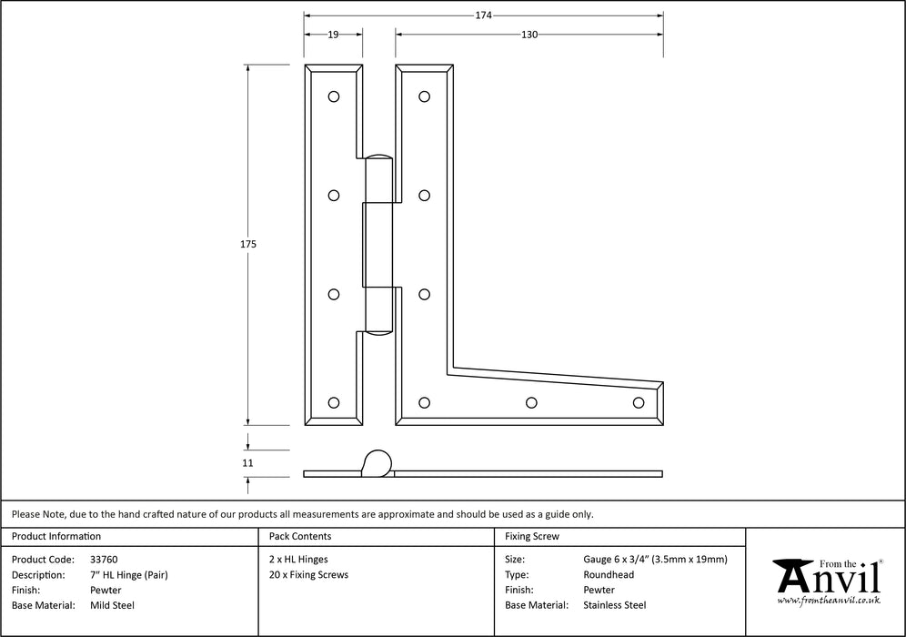 Pewter 7" HL Hinge (pair)