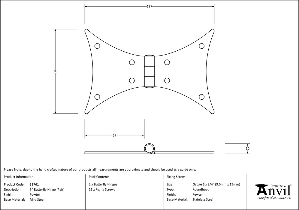 Pewter 5" Butterfly Hinge (pair)