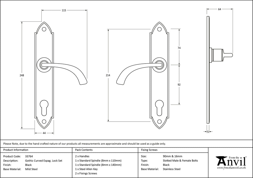 Black Gothic Curved Lever Espag. Lock Set