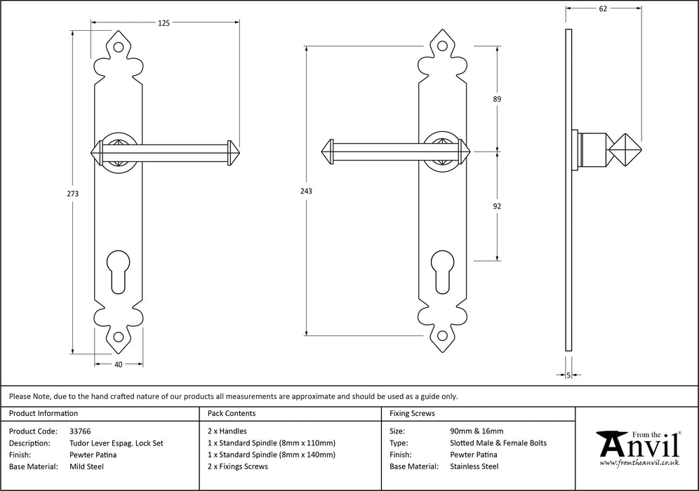 Pewter Tudor Lever Espag. Lock Set