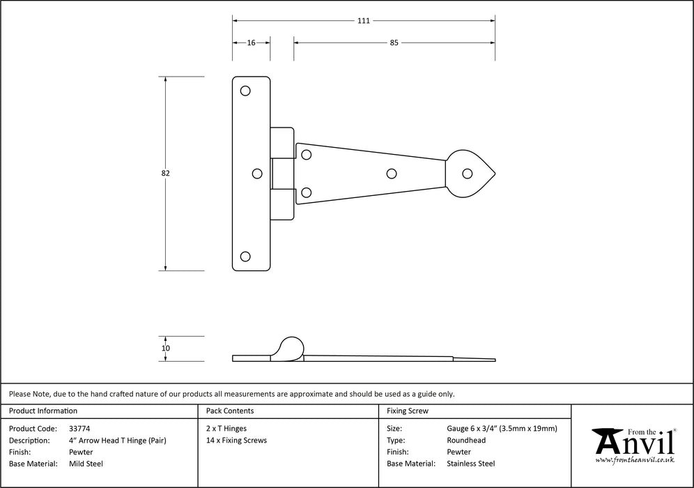 Pewter 4" Arrow Head T Hinge (pair)