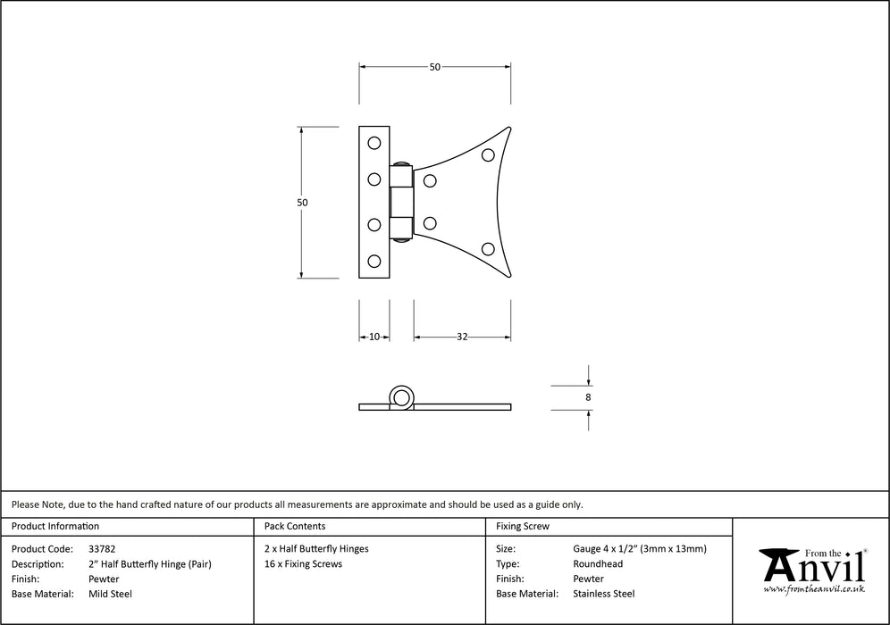 Pewter 2" Half Butterfly Hinge (pair)