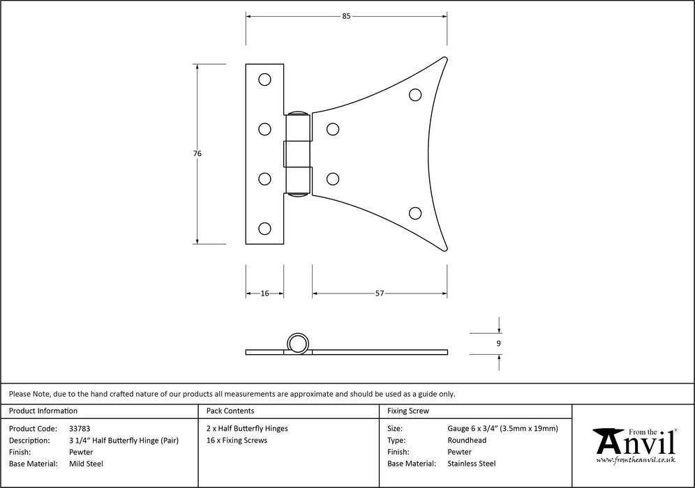 Pewter 3_" Half Butterfly Hinge (pair)