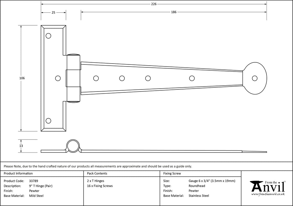 Pewter 9" Penny End T Hinge (pair)