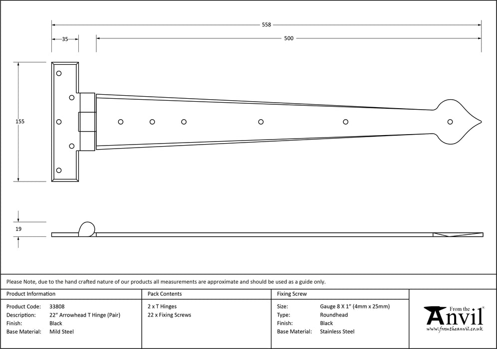 Black 22" Arrow Head T Hinge (pair)