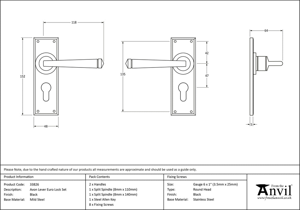 Black Avon Lever Euro Lock Set