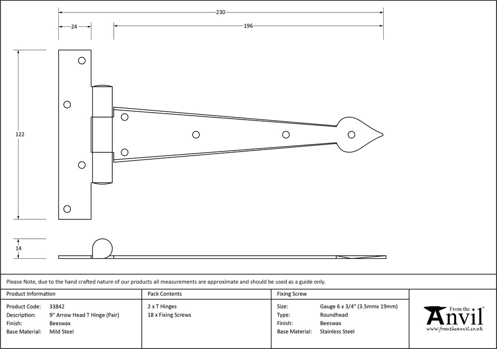 Beeswax 9" Arrow Head T Hinge (pair)