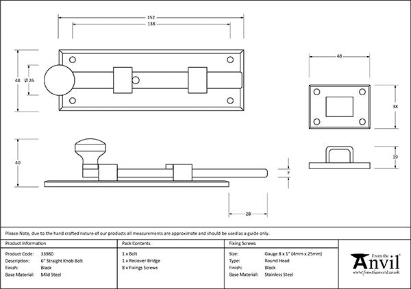 Black 6" Straight Knob Bolt